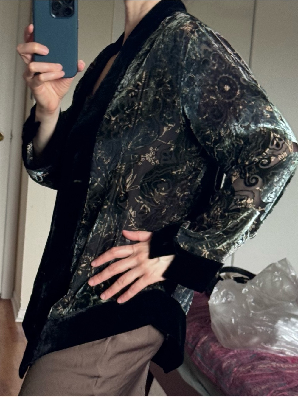 Chico's Velvet Open-Front Jacket in Black and Silver Floral Print - Picture 7 of 10